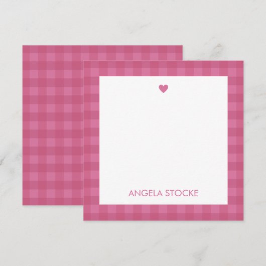 Personalized Pink Gingham Note Card Notitiekaartje (Voorkant / Achterkant)