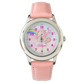 Personalized Pink Girls Watercolor Rainbow Unicorn Horloge