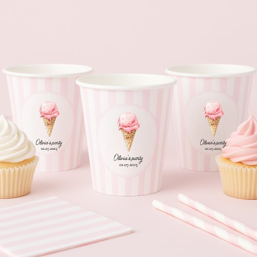 Personalized Pink Ice Cream Cone Birthday Papieren Bekers