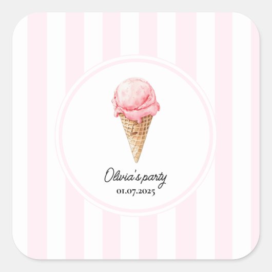 Personalized Pink Ice Cream Cone Party Sticker  (Voorkant)