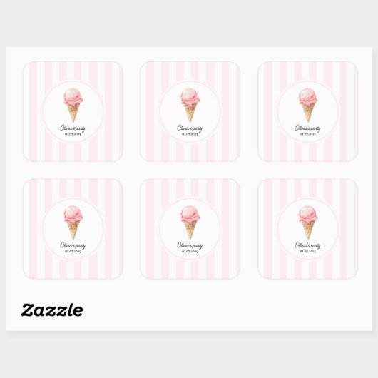 Personalized Pink Ice Cream Cone Party Sticker  (Vel)