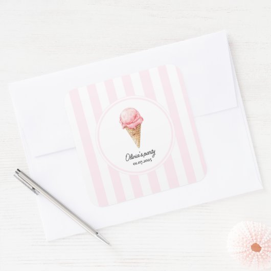 Personalized Pink Ice Cream Cone Party Sticker (Envelop)