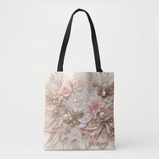 Personalized Pink Ivory Beige Florals Wedding Tote Bag (Voorkant)