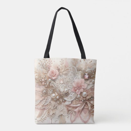 Personalized Pink Ivory Beige Florals Wedding Tote Bag (Achterkant)