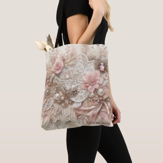Personalized Pink Ivory Beige Florals Wedding Tote Bag (Dichtbij)