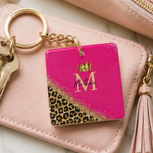 Personalized Pink Leopard Gold Glitter Monogram Sleutelhanger