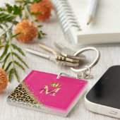 Personalized Pink Leopard Gold Glitter Monogram Sleutelhanger (Voorkant Rechts)