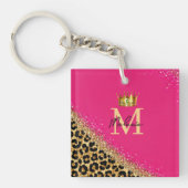 Personalized Pink Leopard Gold Glitter Monogram Sleutelhanger (voorkant)