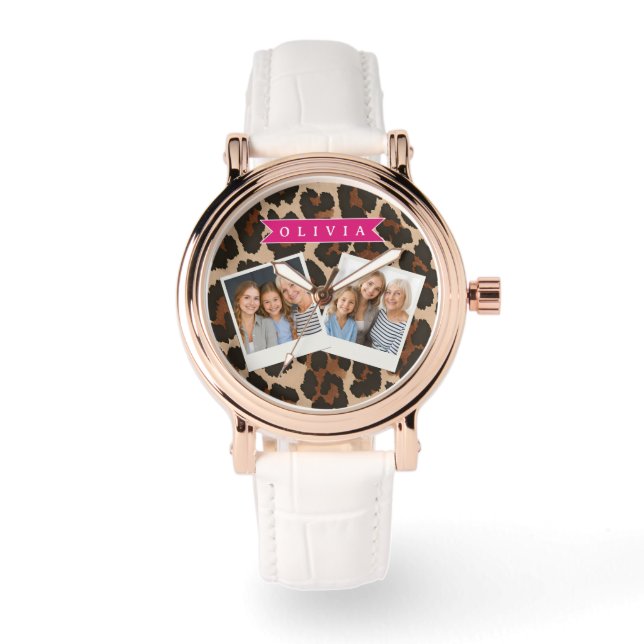 Personalized Pink Leopard Print Chic Animal Print Horloge (Voorkant)