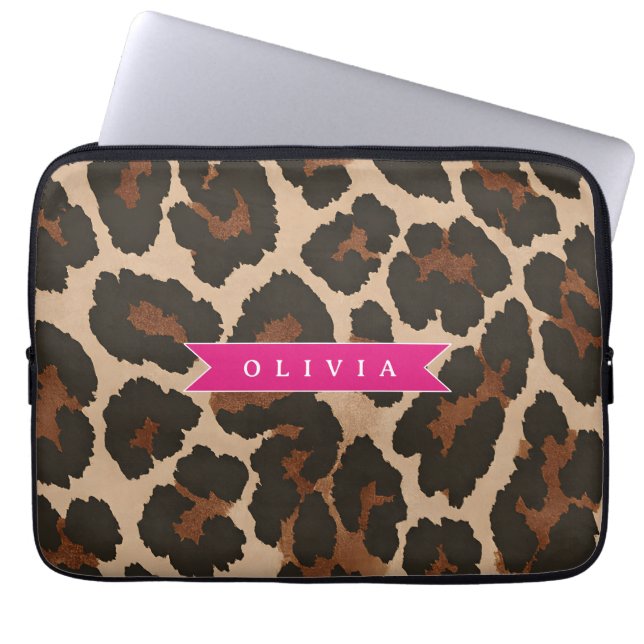 Personalized Pink Leopard Print Chic Animal Print Laptop Sleeve (Voorkant)