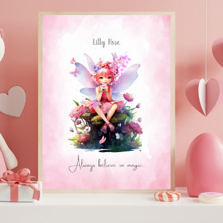Personalized Pink & Mauve Fairy Nursery Wall Art Poster