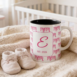 Personalized Pink New Mom Monogram Established Tweekleurige Koffiemok