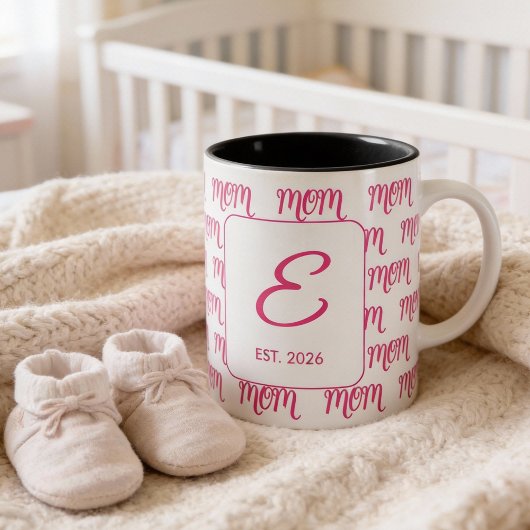 Personalized Pink New Mom Monogram Established Tweekleurige Koffiemok