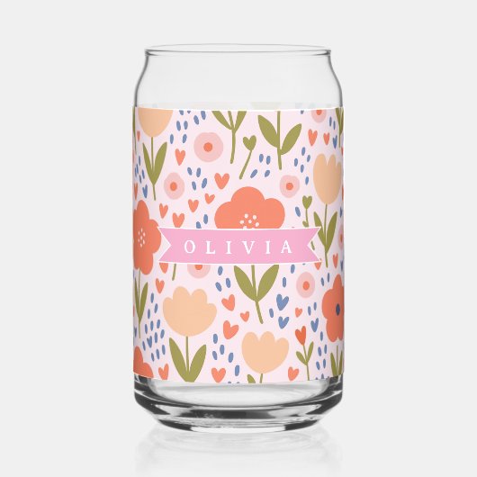 Personalized pink nordic cute folk floral pattern blikvorm glas (Achterkant)