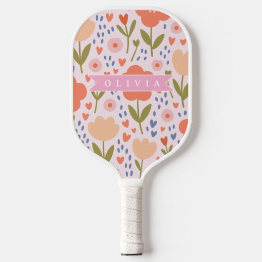 Personalized pink nordic cute folk floral pattern pickleball paddle (Voorkant)