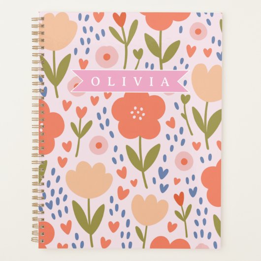 Personalized pink nordic cute folk floral pattern planner (Voorkant)