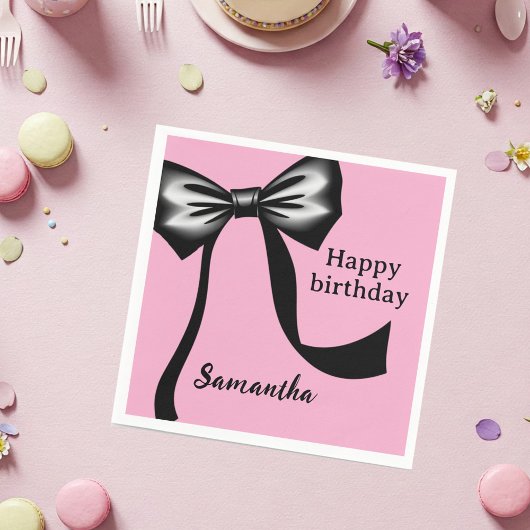 Personalized Pink Paper Napkins with Black Bow Servet