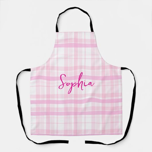 Personalized Pink Plaid Apron with Name Schort (Voorkant)
