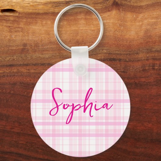 Personalized Pink Plaid keychain with Name (Voorkant)