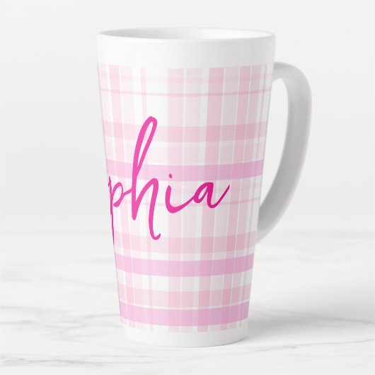 Personalized Pink Plaid Latte Mug with Name Mok (Rechterhoek)