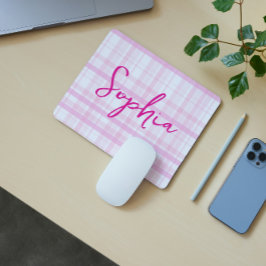 Personalized Pink Plaid Mouse Pad with Name  Muismat
