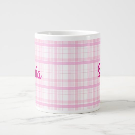 Personalized Pink Plaid Name Mug Grote Koffiekop (Voorkant)