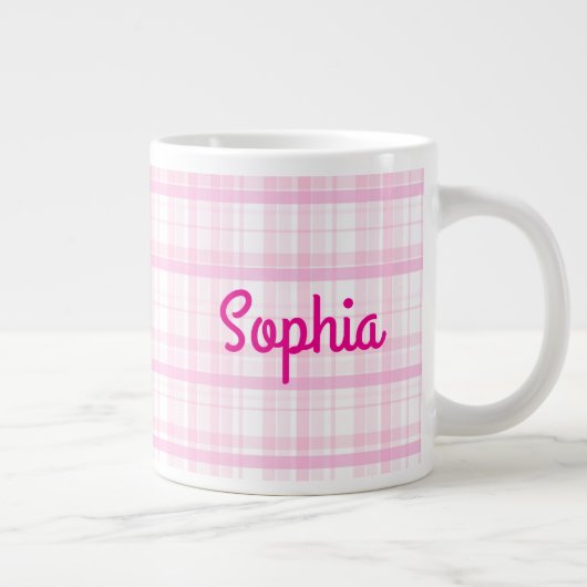 Personalized Pink Plaid Name Mug Grote Koffiekop (Rechts)