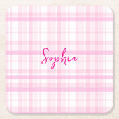 Personalized Pink Plaid Paper Coaster with Name  Kartonnen Onderzetters (Voorkant)