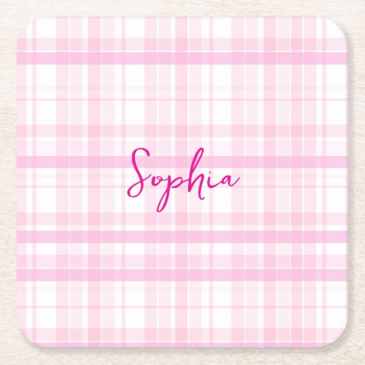 Personalized Pink Plaid Paper Coaster with Name  Kartonnen Onderzetters (Voorkant)