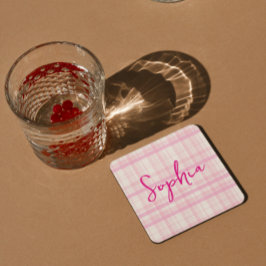 Personalized Pink Plaid Paper Coaster with Name  Kartonnen Onderzetters