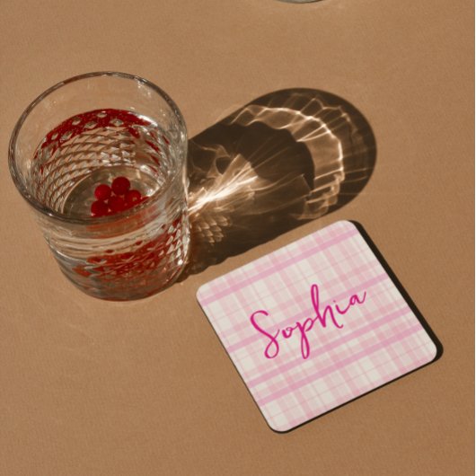 Personalized Pink Plaid Paper Coaster with Name  Kartonnen Onderzetters