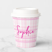 Personalized Pink Plaid Paper Cups with Name  Papieren Bekers (Voorkant)