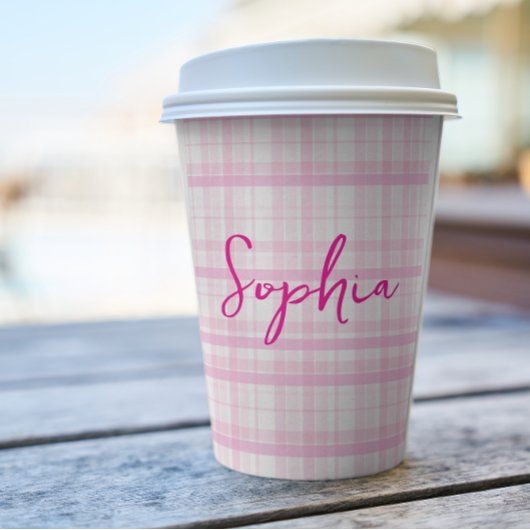 Personalized Pink Plaid Paper Cups with Name  Papieren Bekers