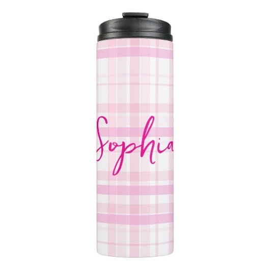 Personalized Pink Plaid Thermal Tumbler with Name Thermosbeker (Voorkant)