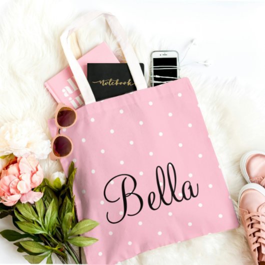 Personalized Pink Polka Dot Tote Bag