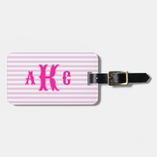 Personalized Pink Preppy Monogram Striped Girly Bagagelabel (Voorkant horizontaal)