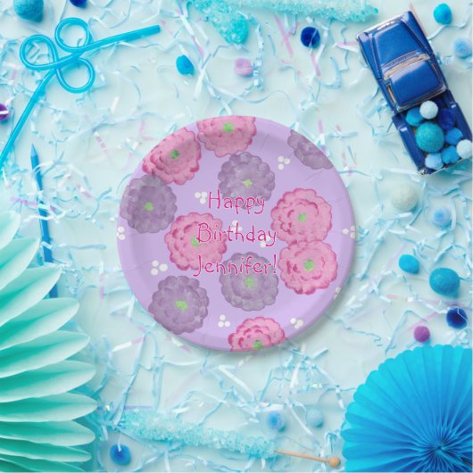 Personalized Pink Purple Flowers Birthday Plates Papieren Bordje (Feest)