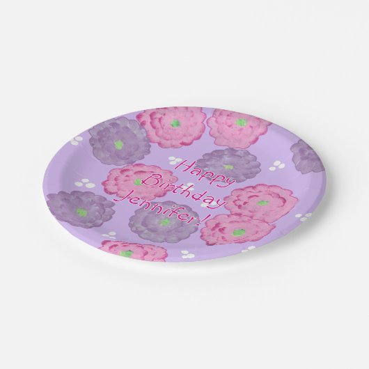 Personalized Pink Purple Flowers Birthday Plates Papieren Bordje (Gekanteld)