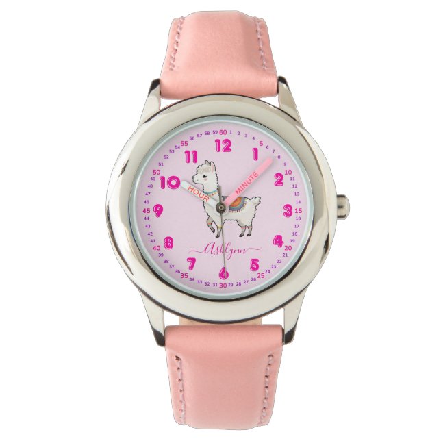 Personalized Pink Rainbow Llama Girls Learn Time Horloge (Voorkant)