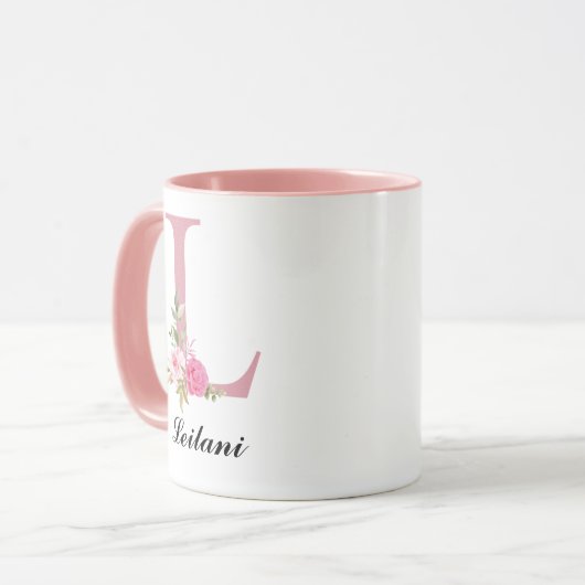 Personalized Pink Roses Monogram Mug Gift for Her Mok (Voorkant links)