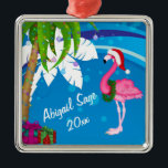 Personalized Pink Santa Flamingo Beach Christmas Metalen Ornament<br><div class="desc">This tropical foliday Christmas tree ornament features palm trees decorated with Christmas lights and a flamingo wearing a Santa hat set against a cool blue and white abstract beach background. It can be personalized with a name, year or any text that you wish to add. Some graphics by artwork&@delightful-doodles.com *...</div>