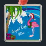 Personalized Pink Santa Flamingo Beach Christmas Metalen Ornament<br><div class="desc">This tropical foliday Christmas tree ornament features palm trees decorated with Christmas lights and a flamingo wearing a Santa hat set against a cool blue and white abstract beach background. It can be personalized with a name, year or any text that you wish to add. Some graphics by artwork&@delightful-doodles.com *...</div>