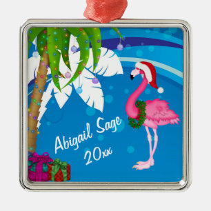 Personalized Pink Santa Flamingo Beach Christmas Metalen Ornament