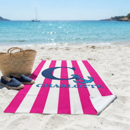 Personalized Pink Stripes Navy Blue Anchor Beach Strandlaken