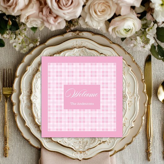 Personalized Pink Table Napkins Modern Tartan Look Servet