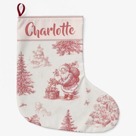 Personalized Pink Toile Christmas Stocking Grote Kerstsok (Voorkant)
