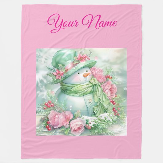 Personalized Pink Vintage Christmas Snowman Fle Fleece Deken (Voorkant)