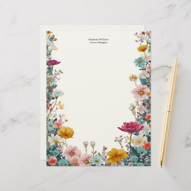 Personalized Pink Yellow Teal Wildflowers  Briefhoofd (Voorkant / Achterkant in situ)