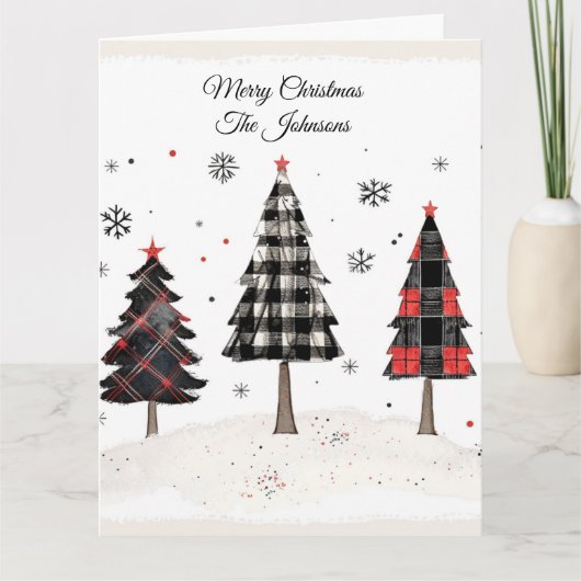 Personalized Plaid Christmas Tree Family Name  Kaart (Voorkant)