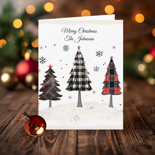 Personalized Plaid Christmas Tree Family Name  Kaart